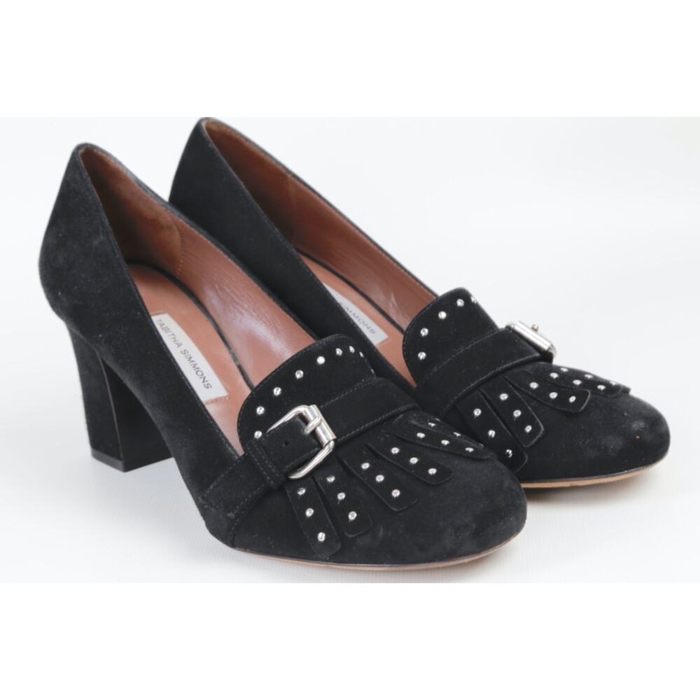 Tabitha Simmons Shoes Black Suede Studded Kiki Loafer Fringe Pumps Size 37.5